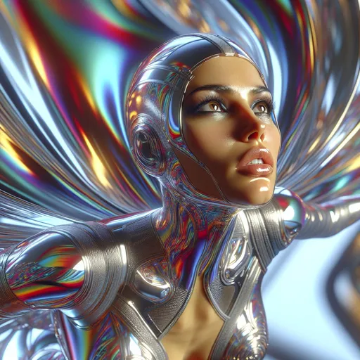 Prompt: Vibrant 3D rendering of a flying woman, metallic mirror colors, HDR, 8k resolution, looking forward, mouth slightly open, vibrant abstract, woman looking up, full body portrait, high quality, 3D rendering, metallic tones, vibrant colors, detailed facial features, professional lighting