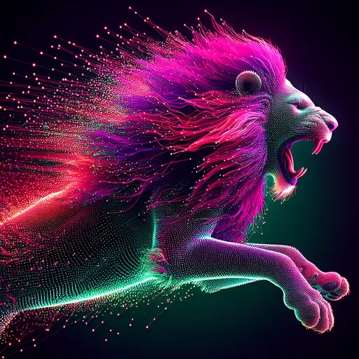 Prompt: 3D body of a roaring jumping lion with magenta mane emerging from a green and magenta dotted matrix, bright colors, high quality rendering, looking to you, surreal, digital art, intense lighting, fiery hues, detailed features, futuristic, abstract, surreal, 3D rendering, variable hues, high energy, dynamic composition
