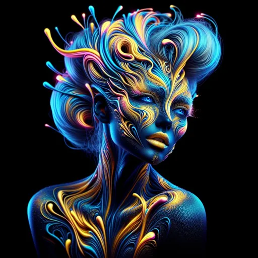 Prompt: Woman with blue and gold skin, surreal hair, airbrush painting, highres, detailed, neo-primitivism, biopunk, neon colors, surreal, abstract, vibrant lighting, professional