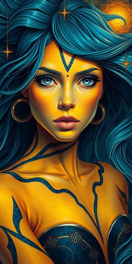 Prompt: (woman with yellow black striped skin), (flowing blue hair), (piercing blue eyes), vibrant colors, striking contrast, intricate textures, artistic fantasy, surreal background with swirling patterns, ethereal and mystical atmosphere, high detail, vivid and dramatic composition, stunning lighting, engaging visual appeal, enchanting scene.