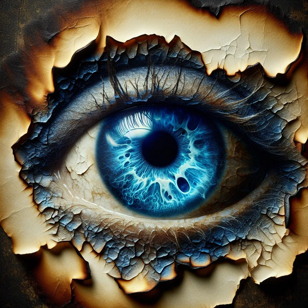 Prompt: realistic,  a blue human eye on a Realistic burned paper, detailed scorched edges, realistic fire damage, contrasting pristine half, high quality, detailed, realistic style, burnt edges, paper texture, dramatic lighting. professional quality,  high resolution, photo,