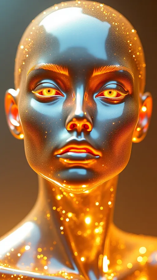 Prompt: (3D female transparent  face), symmetrically centered, (vibrant) shimmering gold and silver hues, captivating facial features, smooth contours, artistic play of light and shadow, striking reflections, modern design aesthetic, ethereal background enhancing spatial depth, ultra-detailed, high quality, visually stunning, scintillating ambiance.