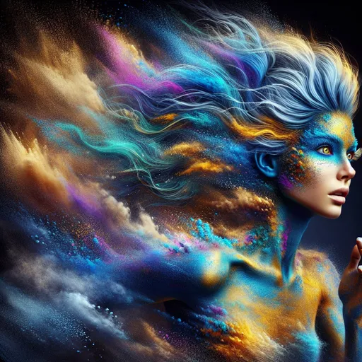 Prompt: Full body portrait of a running woman with blue and gold skin on the face and body, blowing extraordinary hair, exploding colorful head, open detailed eyes, the woman forms from swirling dust, airbrush painting, high resolution, detailed, neon colors, airbrush details, abstract, professional, vibrant lighting