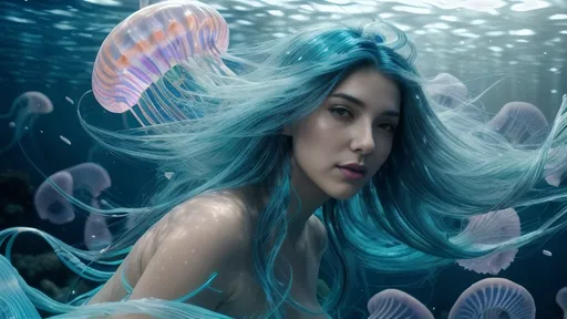 Prompt: Blue-haired woman swimming among jellyfish, vibrant underwater scene, detailed flowing hair and translucent jellyfish, high quality, digital painting, vibrant colors, ethereal lighting, detailed aquatic environment, fantasy, surreal, oceanic, vibrant tones, flowing movement, professional, underwater, detailed hair, surreal lighting