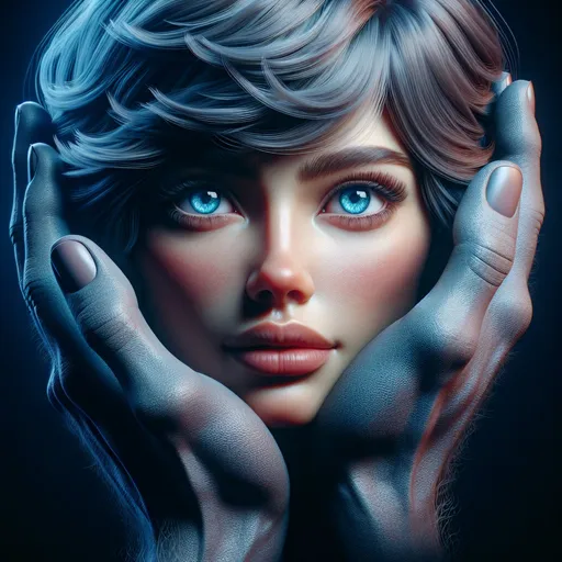 Prompt: Detailed female face, two big realistic detailed mysterious hands holding her face. Detailed loving face, short blue tousled hair, detailed blue eyes, surreal and mysterious, high resolution, complex digital art, surrealism, cool tones, dramatic lighting, detailed facial features, realistic shadows, artistic, surreal, mysterious, high quality, detailed, cool tones lighting, complex design