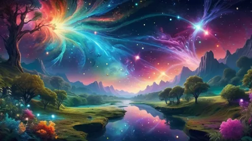 Prompt: Astral nature wallpaper, vibrant cosmic colors, surreal celestial landscape, high quality, digital art, detailed star clusters, lush greenery, flowing rivers of light, dreamy atmosphere, cosmic, nature, vibrant colors, high resolution, detailed, surreal, celestial, digital art, atmospheric lighting