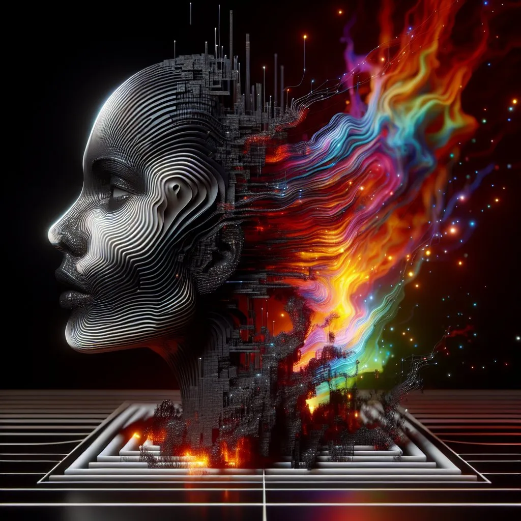 Prompt: 3D face of a dark-skinned woman made of black fluid emerging from a black and white striped matrix, surrounded by a fire, bright colors, high quality rendering, surreal, digital art, intense lighting, fiery hues, detailed features, futuristic, abstract, surreal, 3D rendering, variable hues, high energy, dynamic composition