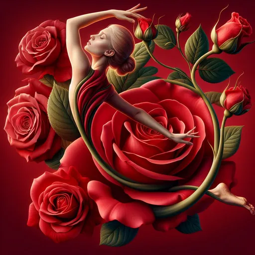 Prompt: Graceful female body forming a red rose, woman's face visible, woman's head as rose blossom, body and legs as rose stem, arms as leaves, merging seamlessly, matching background with more red roses, highres, detailed, realistic, floral art, graceful pose, perfect eyes, intricate details, vibrant red tones, beautiful lighting, digital painting