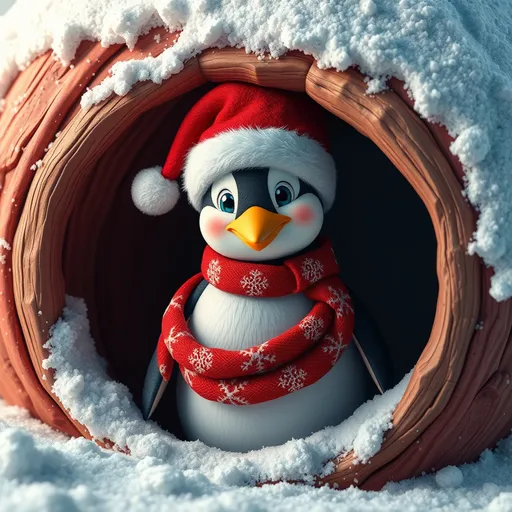 Prompt: (3D pinguin in a playful hole, wearing a festive (Santa hat) and a bright (red scarf) around his neck, vibrant color scheme, whimsical texture, cheerful demeanor, (Ernest William Christmas) theme, captivating background, detailed snow, bright and clear atmosphere, (digital art) masterpiece, striking HD wallpaper, (computer graphics), high-quality rendering, inviting and festive ambiance.