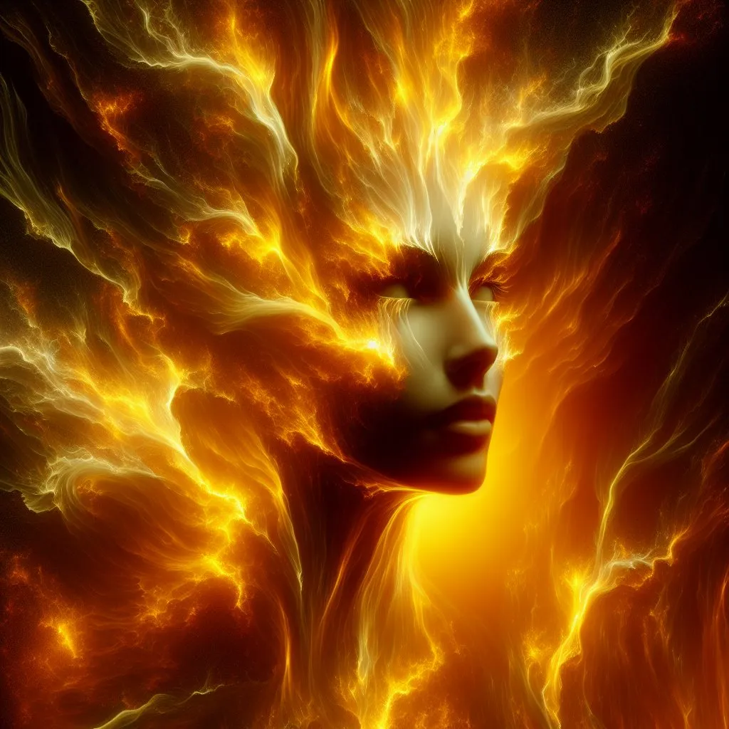 Prompt: Woman face made of yellow plasma on orange background, abstract art, high quality, intense colors, ethereal, surreal, vivid, detailed features, glowing plasma, professional lighting, abstract, dreamy, fiery tones, high resolution, artistry