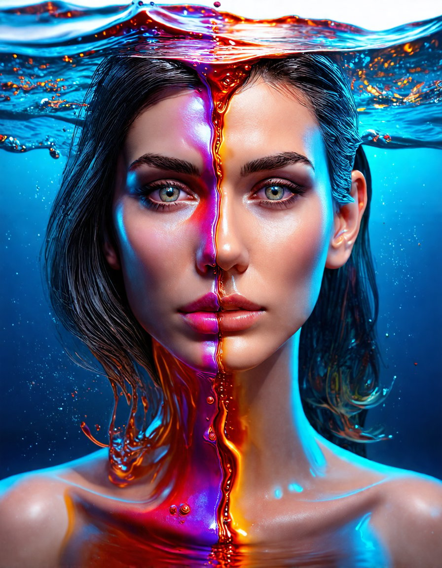 Prompt: a split Woman's face emerging from holographic sharp colors liquid, 3D rendering, ultra-detailed, high-quality, detailed, liquid simulation, intricate facial features, high contrast, dramatic lighting, background holographic sharp colors liquid sea