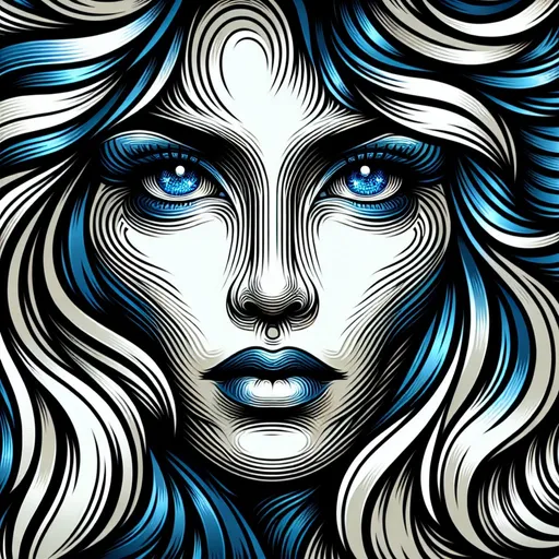 Prompt: Abstract, blue crystal-style eyes, woman's face with wavy haircut, stylized, highres, ultra-detailed, abstract blue crystal eyes, wavy haircut, woman's face, stylized, professional, artistic, abstract, detailed features