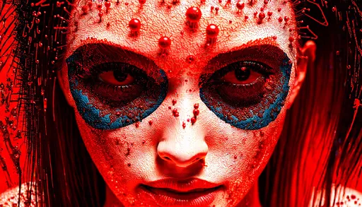 Prompt: Detailed illustration of a human body made entirely of viruses, detailed human eyes, detailed woman body, full body, top view focus on face, background red thick and moving, surreality, hyper detailed, ultra sharp octane rendering, 3D rendering