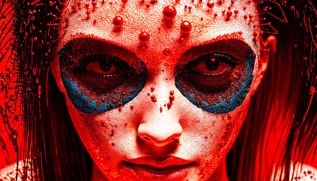 Prompt: Detailed illustration of a human body made entirely of viruses, detailed human eyes, detailed woman body, full body, top view focus on face, background red thick and moving, surreality, hyper detailed, ultra sharp octane rendering, 3D rendering