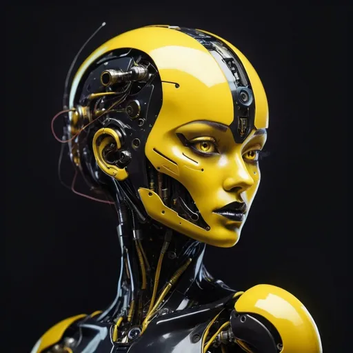 Prompt: a woman with a robot head and a futuristic face and body, with a yellow background and a black background, Bastien L. Deharme, retrofuturism, cybernetic, cyberpunk art