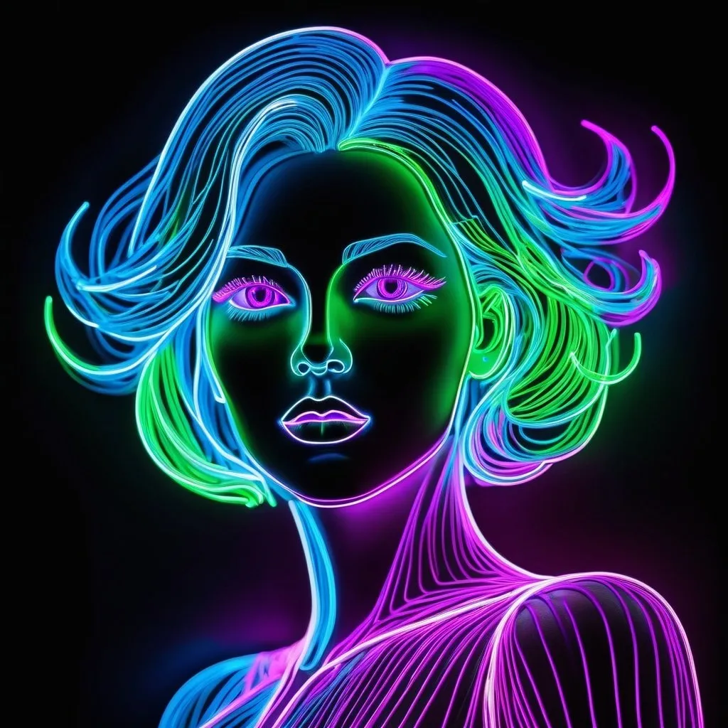 Prompt: a perfect light drawing of a woman, in which creativity is fused into a dazzling, exciting spectacle. the body  is outlined with neon magenta-colored light, its interior has a green glowing structure that is constantly shifting and rearranging. the face is translucent and reveals its inner workings. the eyes are bright blue, the hair is short and blue.