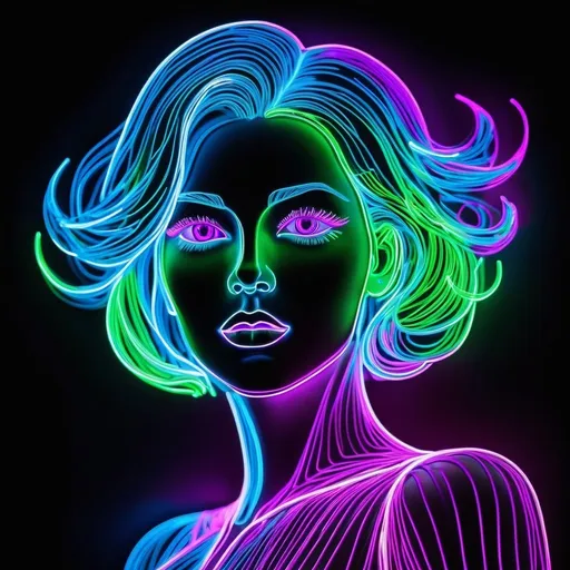 Prompt: a perfect light drawing of a woman, in which creativity is fused into a dazzling, exciting spectacle. the body  is outlined with neon magenta-colored light, its interior has a green glowing structure that is constantly shifting and rearranging. the face is translucent and reveals its inner workings. the eyes are bright blue, the hair is short and blue.