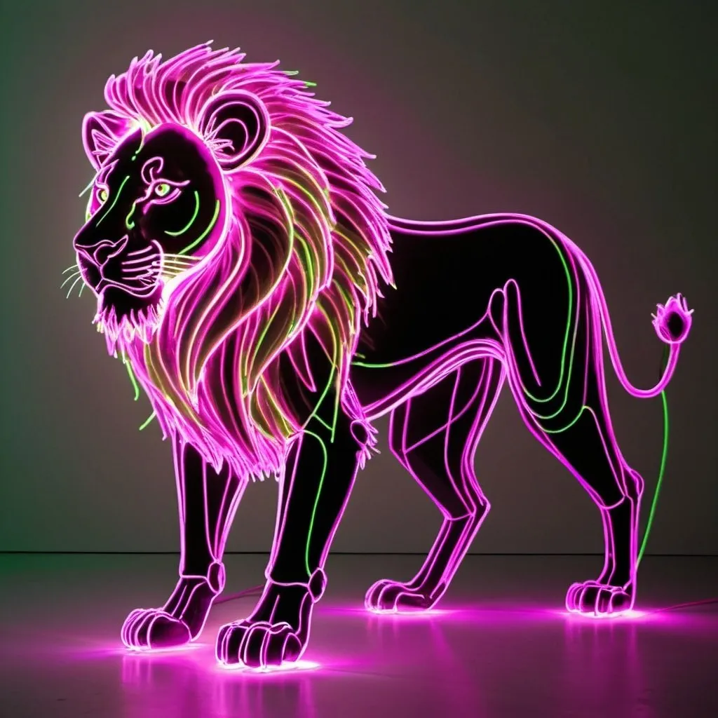 Prompt: a perfect light drawing of a leaping lion, where creativity is fused into a dazzling, exciting display. The lion's form is outlined with neon magenta light, its interior has a green glowing structure that constantly shifts and rearranges. Its body is translucent, revealing its inner workings. The eyes are bright magenta lasers that scan the environment with intelligent, almost playful curiosity. The legs are made of flexible, segmented light rods that allow for agile and fluid movements. This light drawing captures the essence of an imaginative lion.
