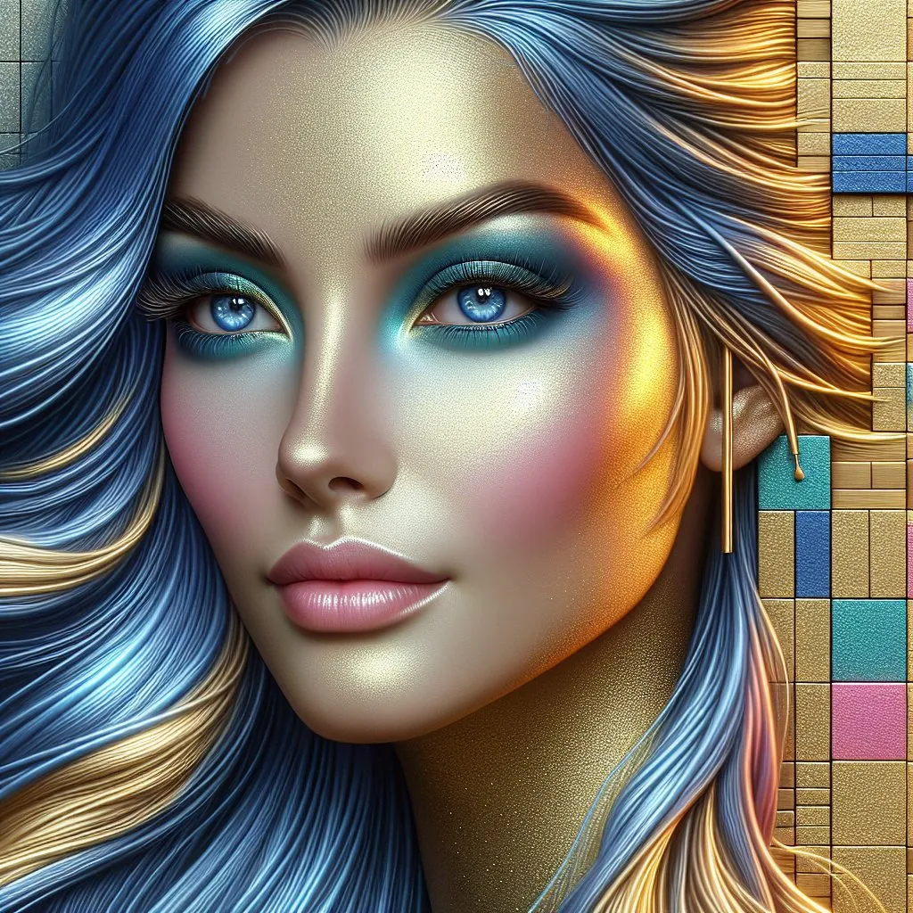 Prompt: Portrait of a gold-skinned very attractive woman, blue eyes, blue long hair, the face and the background is gridded by several multicolored blocks.
professionally detailed eyes, realistic lighting, high definition