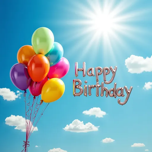 Prompt: (accurately spelled text "Happy Birthday"), cheerful scene, colorful balloons floating, bright blue sky, sunlight illuminating the scene, joyful ambiance, intricate details of each balloon, whimsical clouds in the background, playful shadows, high depth, ultra-detailed, vibrant colors capturing the spirit of celebration, emotional warmth, perfect for a birthday celebration theme.