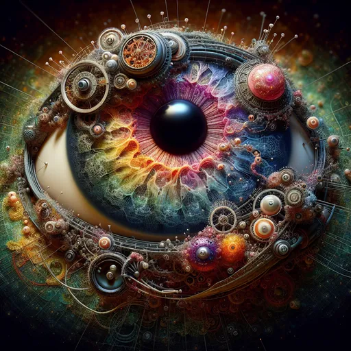 Prompt: A detailed illustration of an eyeball in the center, surrounded by intricate patterns and textures. The iris is filled with various colors and shapes that resemble miniature creatures or plants. Surrounding it on all sides are complex gears, wires, and other mechanical elements. This scene conveys both beauty and mystery as if you were exploring some unknown universe