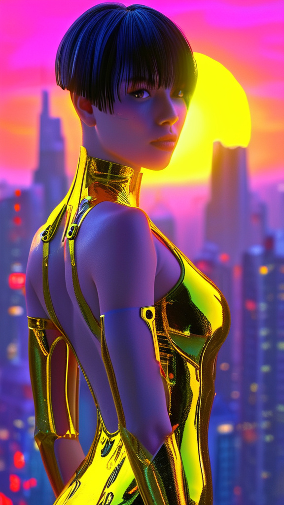 Prompt: (Cyberpunk aesthetic), (European woman), (asymmetric haircut), (heavenly beauty), showcasing (perfect anatomy), arms elegantly tucked behind her back, bathed in radiant (golden sunshine), at a dreamy (sunset), vivid neon cityscape in the background, rich contrasts of warm tones and cool hues, ultra-detailed, capturing an ethereal yet modern vibe, visually striking and enchanting.