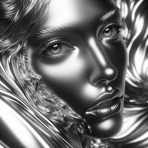 Prompt: silver-colored with a monochrome woman face, 4k, open eyes, artistic, impressive, beautiful, high contrast, striking shadows, 3D rendering, vibrand silver colors explosion, detailed lines, silver sheen, high-quality, stunning visual, intense gaze, surreal atmosphere, silver tones, dynamic poses