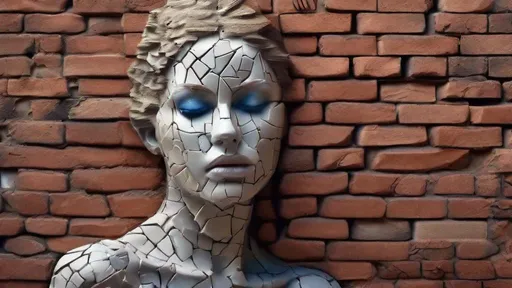 Prompt: Realistic, detailed, beautiful, woman's photo, the woman's body is embedded in a wall made of red bricks, her body can be seen, a fusion of the woman and the wall, it looks like she has grown together with the wall, detailed blue Eyes, detailed beautiful face, intricately structured, her skin looks like the stone of the wall, hyper detailed, ultra sharp 3D rendering, the whole tree can be seen, focus face,