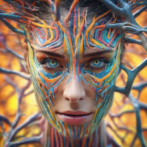 Prompt: Realistic, Detailed, Beautiful colorful Neuron women Face Portrait, stripes in the Skin, detailed lightening, eyes, Intricately Structured, grass, Surreality, Hyper Detailed, Ultra Sharp 3D Rendering, Focus Face, Top Shot