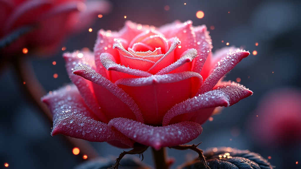 Prompt: (frozen cosmic rose), (crystalline shimmer), ice crystals are visible in detail, sparkling petals, swirling nebulae in bright colors, (8K) ultra-realistic image quality, ethereal ambient lighting, rich reds contrasting with (deep darkness), a sense of magical surrealism, intricate details that capture the beauty of the rose, immersive cosmic backdrop, transcendent and enchanting atmosphere.