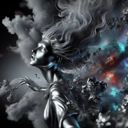 Prompt: silver-colored with a monochrome full body falling woman, 4k, open eyes, artistic, impressive, beautiful, high contrast, striking shadows, 3D rendering, vibrand silver colors explosion, detailed lines, silver sheen, high-quality, stunning visual, intense gaze, surreal atmosphere, silver tones, dynamic poses