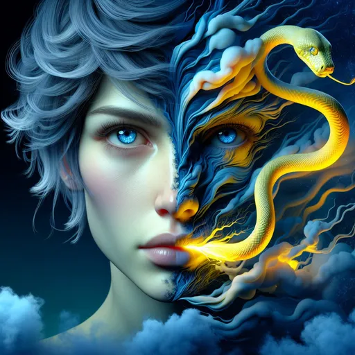 Prompt: Detailed  female gaseous body, from the split heat comes a yellow snake figure. detailed loving face, short blue tousled hair, detailed blue eyes, surreal and mysterious, high resolution, complex digital art, surrealism, cool tones, dramatic lighting, detailed facial features, realistic shadows, artistic, surreal, mysterious, high quality, detailed,, cool tones lighting, complex design