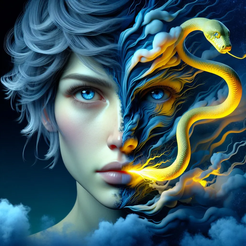 Prompt: Detailed  female gaseous body, from the split heat comes a yellow snake figure. detailed loving face, short blue tousled hair, detailed blue eyes, surreal and mysterious, high resolution, complex digital art, surrealism, cool tones, dramatic lighting, detailed facial features, realistic shadows, artistic, surreal, mysterious, high quality, detailed,, cool tones lighting, complex design