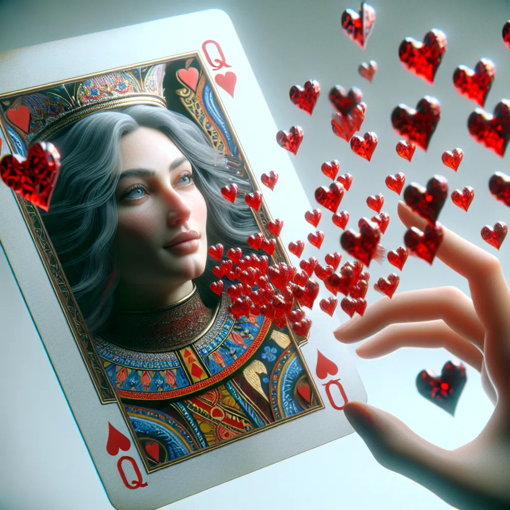 Prompt: a few cards, in the foreground the Queen of Hearts, a realistic woman's face is on the card, she stretches out a hand and blows small 3D hearts from her hand, fantasy art, highly detailed digital painting, computer graphics