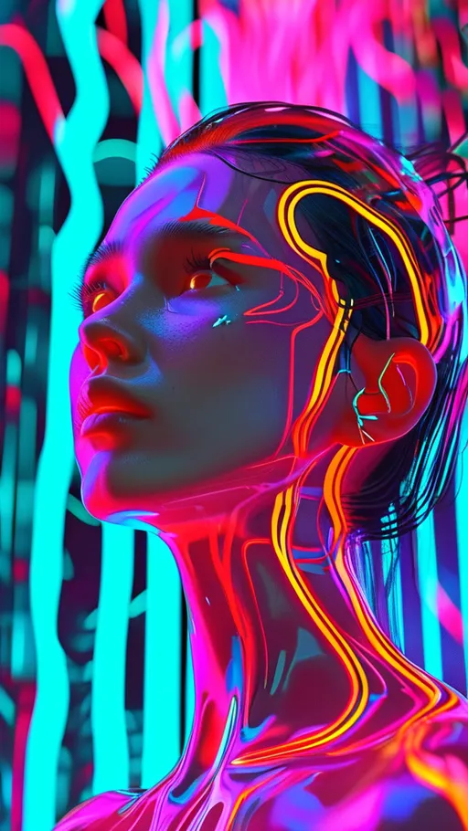 Prompt: (vivid magenta running woman, full body), highly detailed representation, abstract background, (dynamic patterns), futuristic structure, layered effects, high depth, (4K quality with ultra high detail), lively atmosphere, digital art style, modern ambience, vibrant colors blending into one another, visual representation of data, interesting focal points.