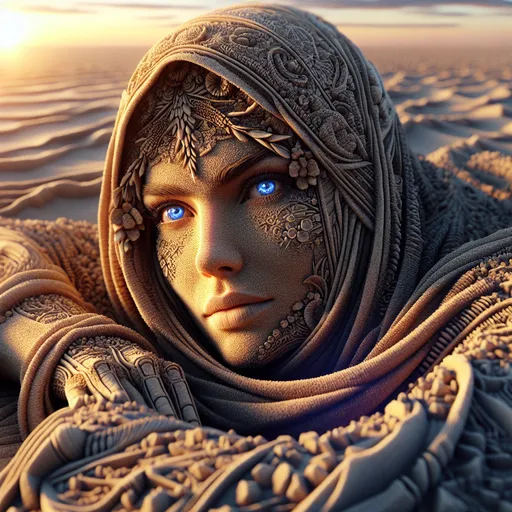 Prompt: Detailed representation of a lying woman full body made entirely of sand,  detailed blue eyes, detailed woman's body, the body is one with the sand, full body, focus from above on the face, background sunset on the beach, surreality, hyper-detailed, ultra-sharp octane display, 3D display