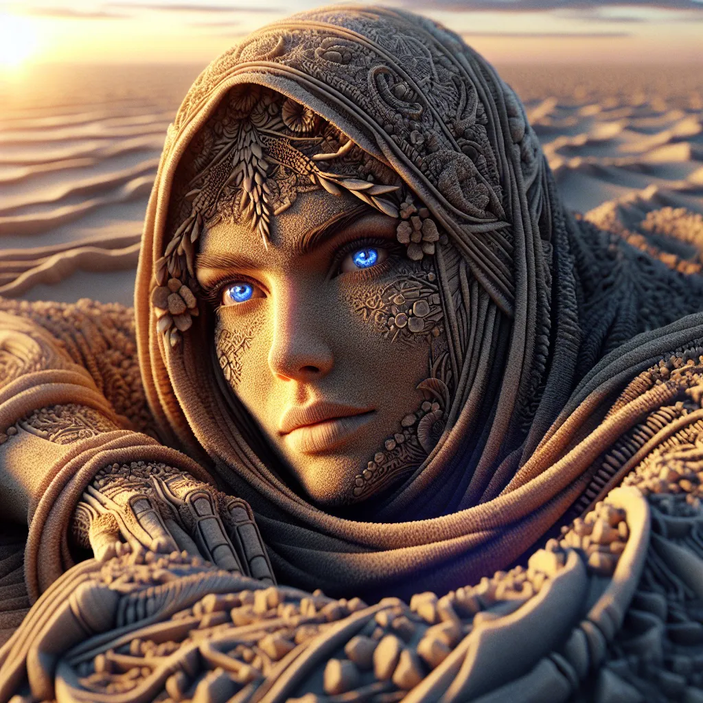 Prompt: Detailed representation of a lying woman full body made entirely of sand,  detailed blue eyes, detailed woman's body, the body is one with the sand, full body, focus from above on the face, background sunset on the beach, surreality, hyper-detailed, ultra-sharp octane display, 3D display