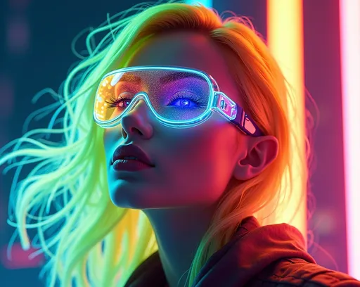 Prompt: (3D render woman), luminous multi-neon colored hair flowing in shades of green, orange, and violet, (holographic goggles shimmering with light), radiant and surreal atmosphere, sleek and modern design, vibrant lighting, high-tech surroundings, ultra-detailed, cinematic Poster quality, imaginative and captivating, emphasizing a sense of wonder and advanced technology.