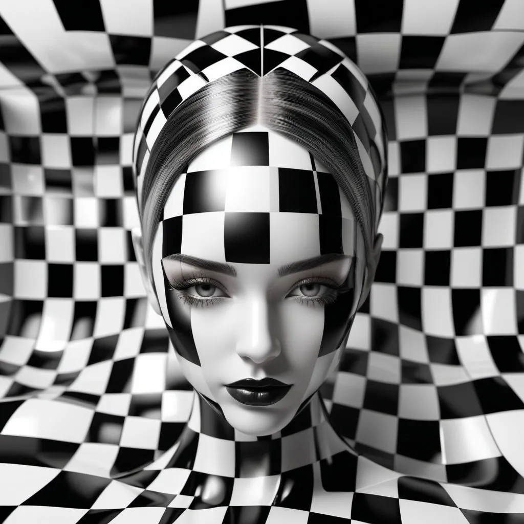 Prompt: Half of a white and black checkered woman's head emerges from the checkered white and black liquid.
Ultra detailed, high quality detailed full body 3D rendering