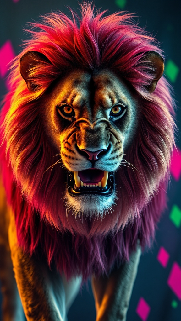 Prompt: (realistic lion), (majestic magenta mane), fierce expression, intricate fur details, intense gaze, powerful stance, warm golden tones, modern  background with Magenta and Green diggits , white teeth, dramatic lighting, high quality 4K, captures the wild essence of majesty and power, intense atmosphere, cinematic masterpiece.