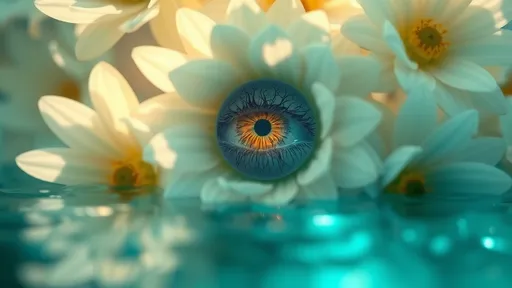 Prompt: (eye within  flowers), serene reflections in water, enchanting floral details, gentle waves, (calm blue and green tones), magical ambiance, (soft, dappled sunlight) illuminating petals, tranquil scenery, high detail, ultra-realistic, peaceful atmosphere, harmony of nature, evocative and dreamlike, serene depth.