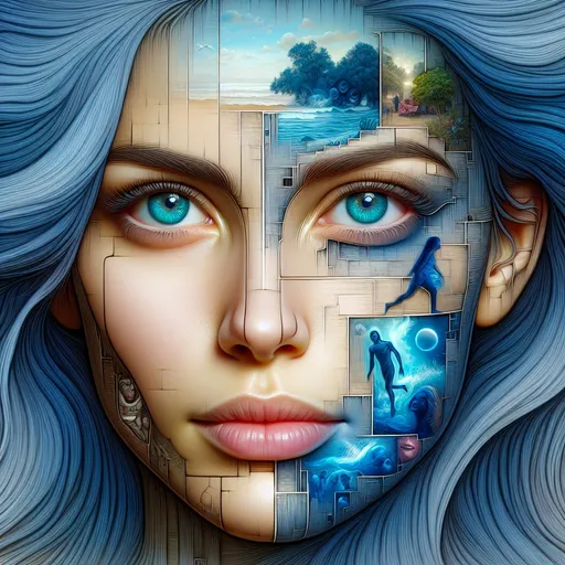 Prompt: Facial portrait of a woman, blue eyes depicted in great detail, sensual look, mouth and nose can be seen, long blue flowing hair. Parts of the skin are broken, pictures of her dreams are shown in the holes - vacation, love, fears, future
   very detailed, realistic