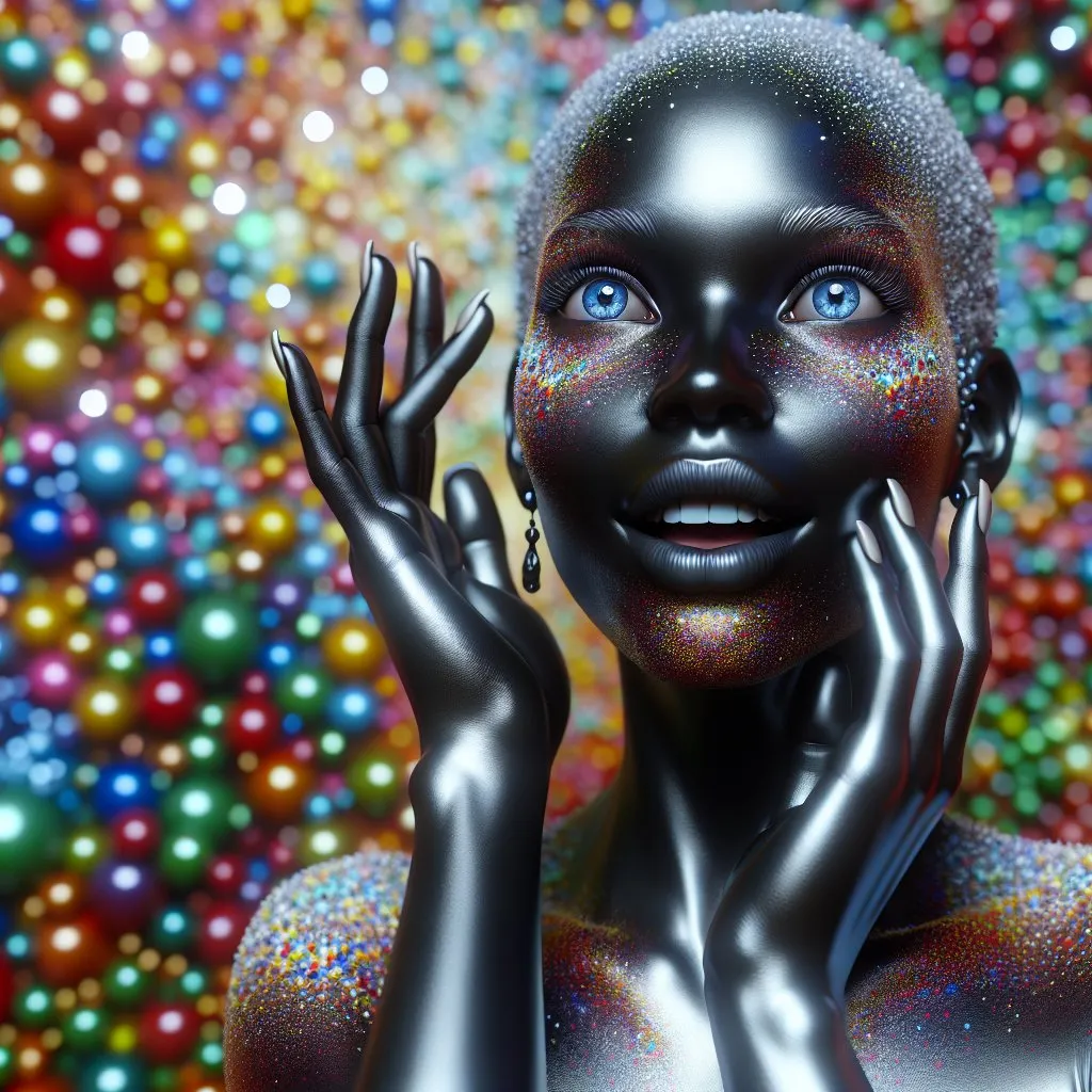 Prompt: It shows the face of a glamorous woman with crystal skin, hands on her face and open blue eyes, against a multicolored background. hyper detailed, beautiful composition,