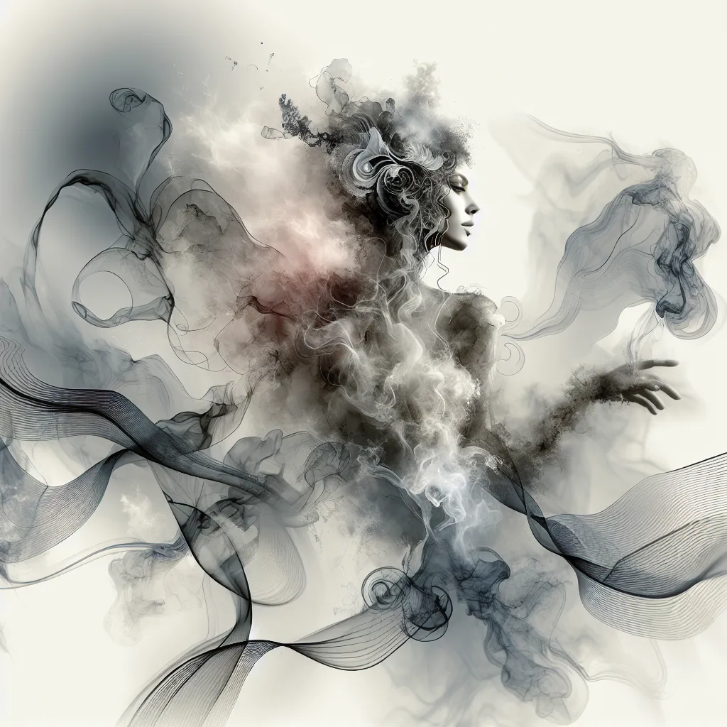 Prompt: (smoke sculpture portrait of a woman), flowing fabrics, delicate ink washes, capturing dance and movement, spontaneous and fluid motion, ethereal atmosphere, soft and drifting lines, high detail, crisp and clear imagery, muted colors, cool tone, high-quality, ultra-detailed, 4K, artistic rendering, blending form with abstraction, sophisticated and elegant composition, intricate textures, dynamic and lively