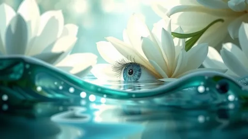 Prompt: (eye within  flowers), serene reflections in water, enchanting floral details, gentle waves, (calm blue and green tones), magical ambiance, (soft, dappled sunlight) illuminating petals, tranquil scenery, high detail, ultra-realistic, peaceful atmosphere, harmony of nature, evocative and dreamlike, serene depth.