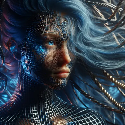 Prompt: (Grid formations as  woman's skin), blue hair, blue eyes, full body, masterful shading, twisted steel wire, photorealistic, hyper-realistic details, dark and dramatic color tones, high contrast, intricate patterns, surreal atmosphere, ethereal lighting, haunting and enigmatic emotion, ultra-detailed, cinematic quality, high-resolution 4K, surrealist background, intricate textures, steel reflections, flawless skin details.