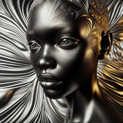Prompt: gold silver-colored with a black woman face, 4k, open eyes, artistic, impressive, beautiful, high contrast, striking shadows, 3D rendering, silver gold colors, detailed lines, gold sheen, high-quality, stunning visual, intense gaze, surreal atmosphere, metallic tones, dynamic poses