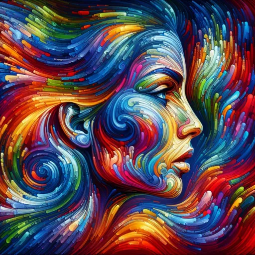 Prompt: Vibrant abstract art woman face, portrait, many colors, vibrant woman face abstract, from the side, woman looks to the left, HDR, 8k resolution