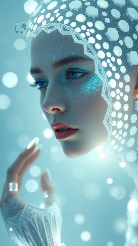 Prompt: Cinematic style, High quality, Beauty, Photorealism, Still image (masterpiece), Frostpunk fashion photography, white with a slight blue glow, minimalism, light eye shadow, illuminated white bulging biomorphic dot pattern, ice in the background, glacial flowers, bokeh snowflakes, powdered color pigment, vivid color, medium format camera, ethereal lighting, backlit, in the style of professional, ominous concept art, an intricate, elegant, highly detailed digital realistic painting, concept art, smooth, sharp focus, illustration