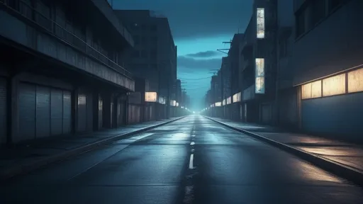 Prompt: Futuristic digital art of a desolate street leading into nothingness,  eerie atmospheric lighting, blurry motion lights, blue hour, grainy, cinematic, high detail, 4k ultra-detailed, dystopian, desolate street,, urban decay, eerie lighting, 35mm film photograph from an overpass, 
